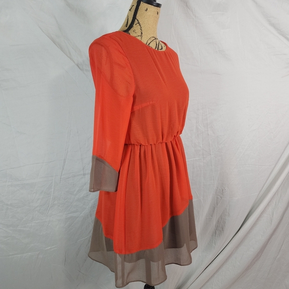 ARK & CO. Size Small Orange Brown Chiffon Colorblock Blouson Dress Anthropologie - Picture 5 of 12